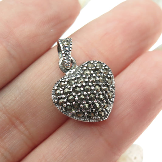 925 Sterling Silver Vintage Real Marcasite Puffy Heart Minimalist Pendant