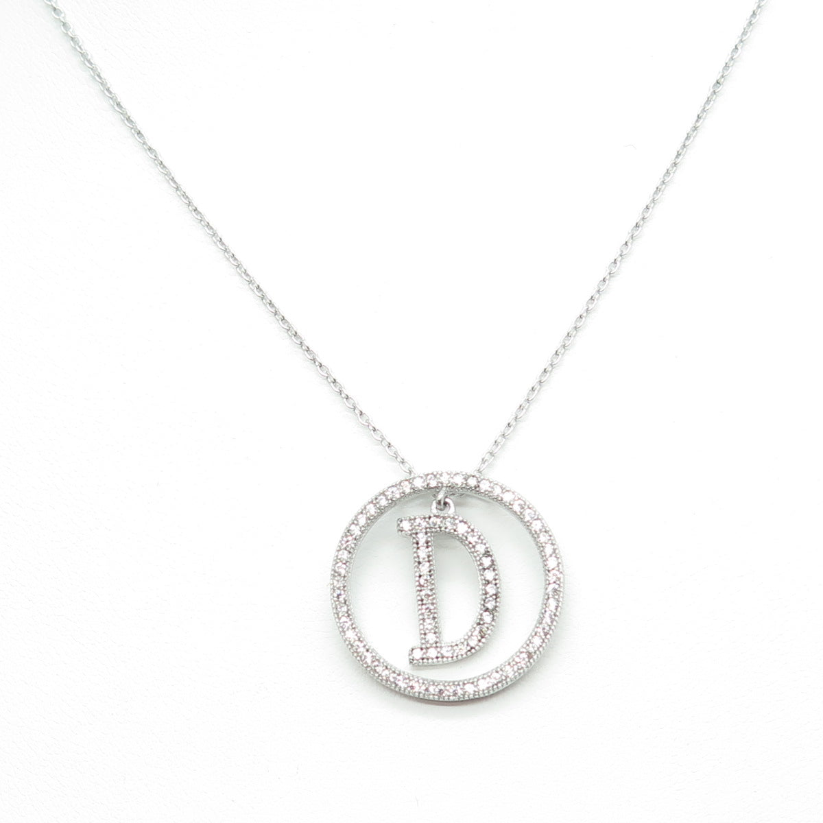 925 Sterling Silver Round-Cut C Z Letter "D" Initial Cable Chain Necklace 16-18"