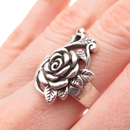 925 Sterling Silver Vintage Rose Flower Oxidized Ring Size 7.75
