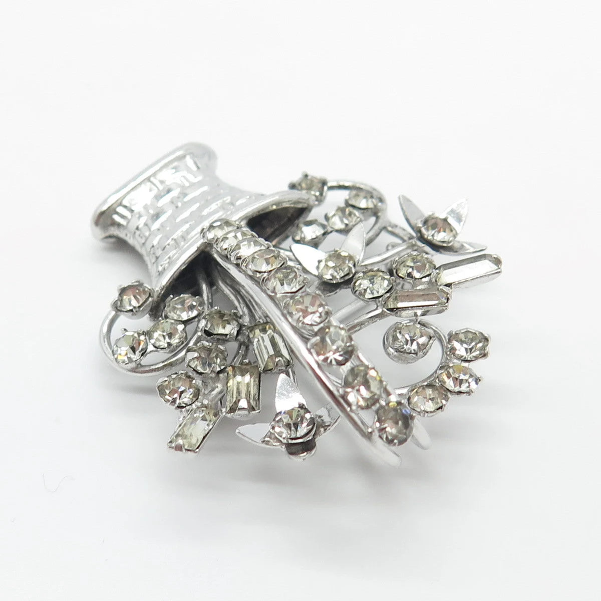 925 Sterling Silver Vintage Carl Art Rhinestone Floral Basket Pin Brooch