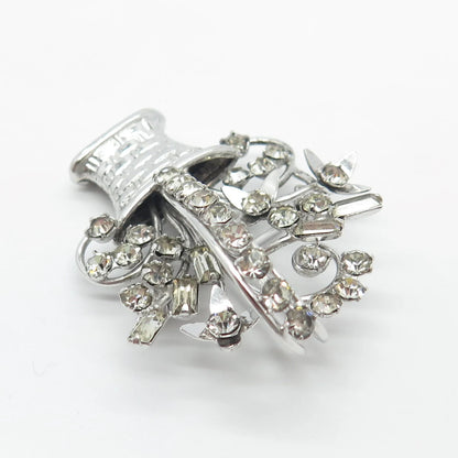 925 Sterling Silver Vintage Carl Art Rhinestone Floral Basket Pin Brooch