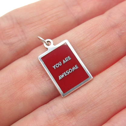 925 Sterling Silver Red Enamel You Are Awesome Minimalist Charm Pendant