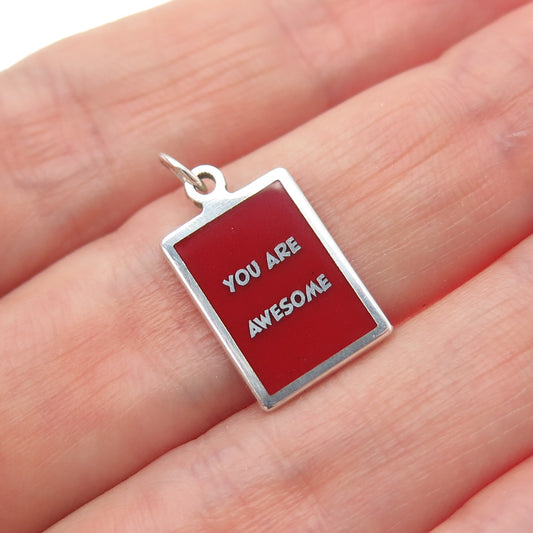 925 Sterling Silver Red Enamel You Are Awesome Minimalist Charm Pendant