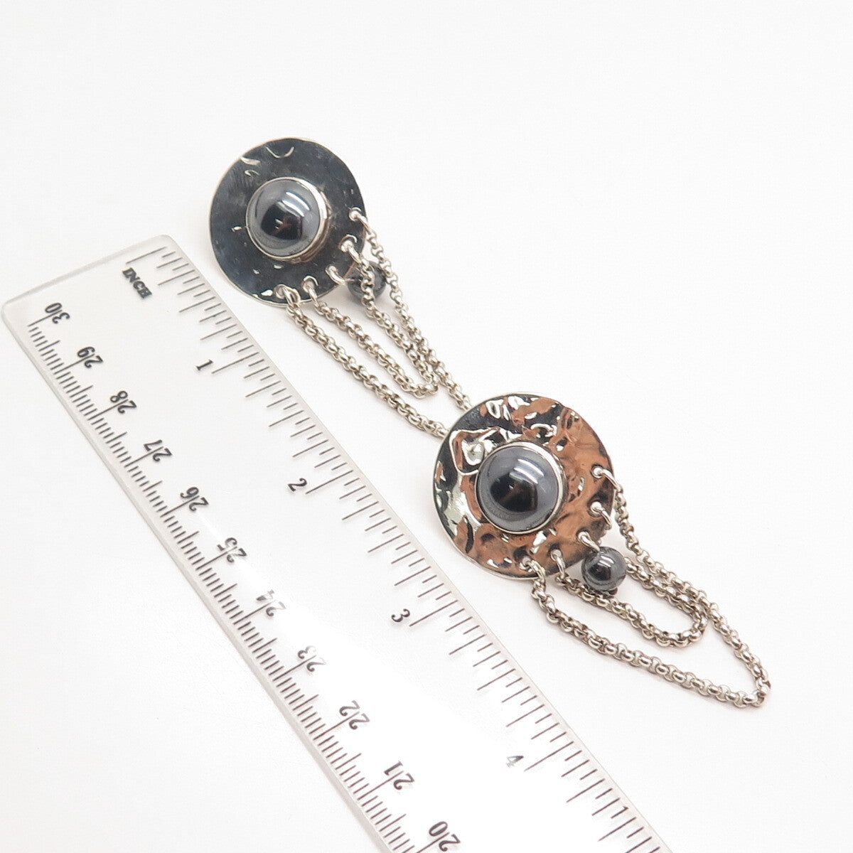 925 Sterling Silver Vintage Hematite Gem Box Chain Hammered Round Earrings