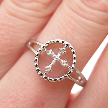 925 Sterling Silver Real Round-Cut Diamond Cross Ring Size 7