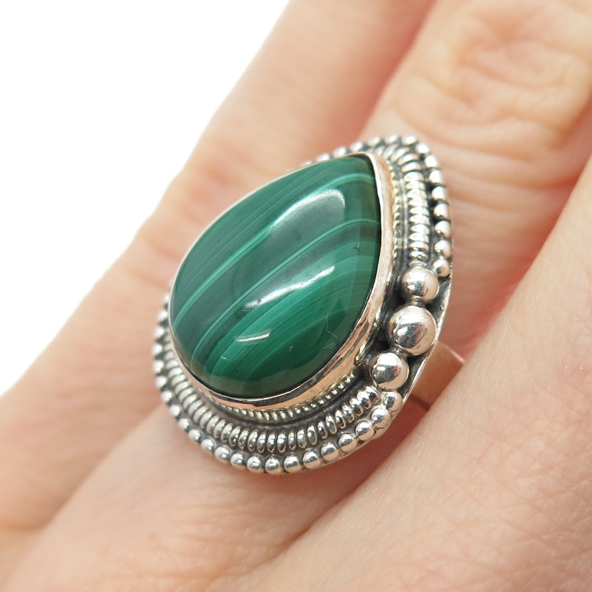 925 Sterling Silver Vintage Southwestern Real Malachite Teardrop Ring Size 6.25
