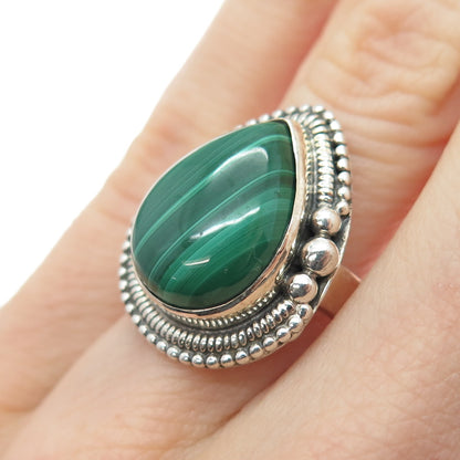 925 Sterling Silver Vintage Southwestern Real Malachite Teardrop Ring Size 6.25