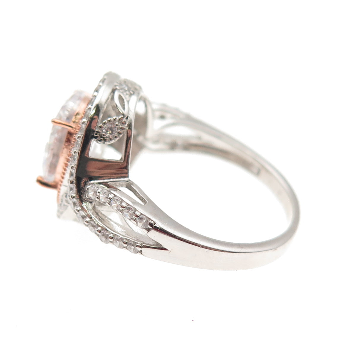 DSMK 925 Sterling Silver 2-Tone Oval & Round-Cut C Z Engagement Ring Size 7