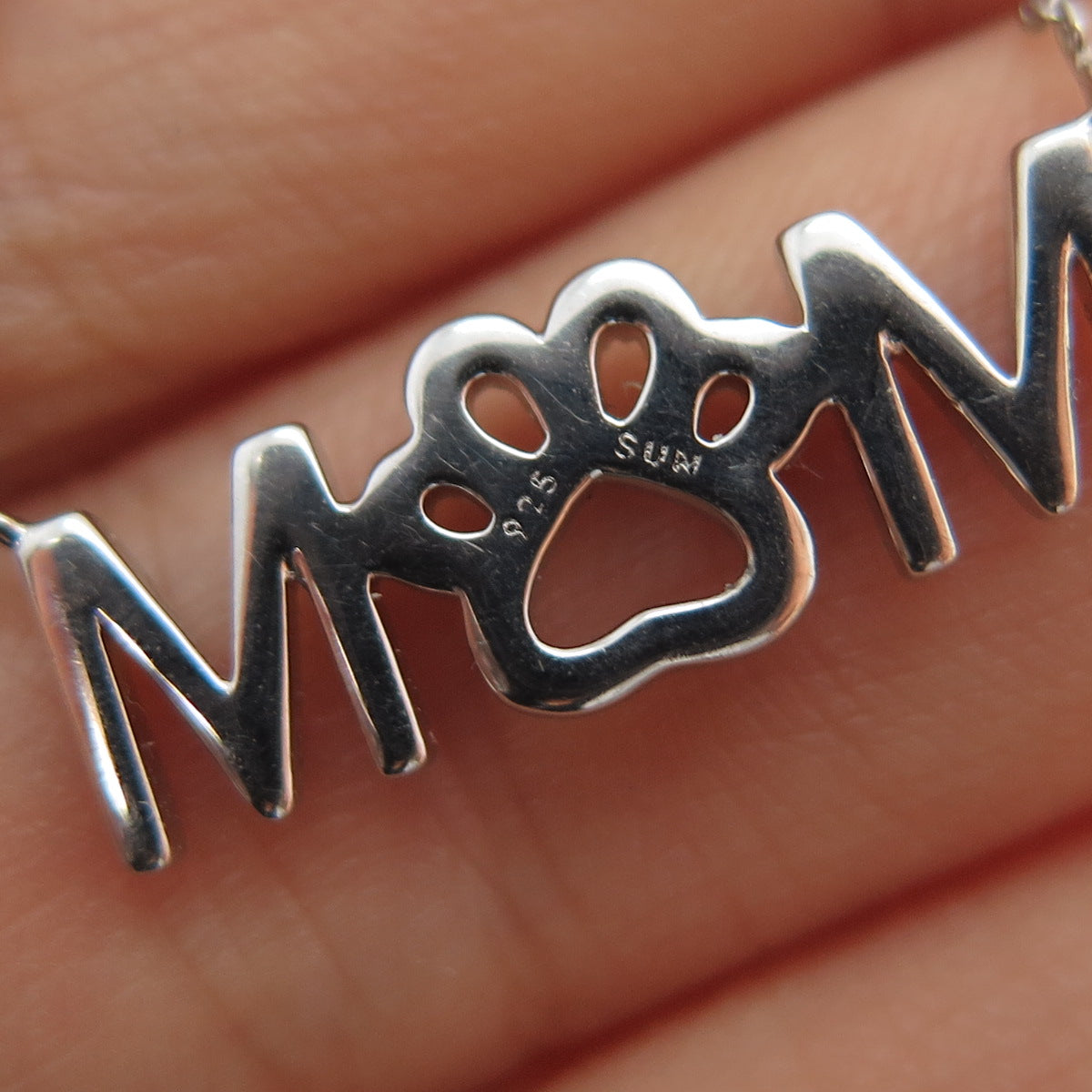 SUN 925 Sterling Silver Real Diamond Mom Dog Paw Cable Chain Necklace 16-18"