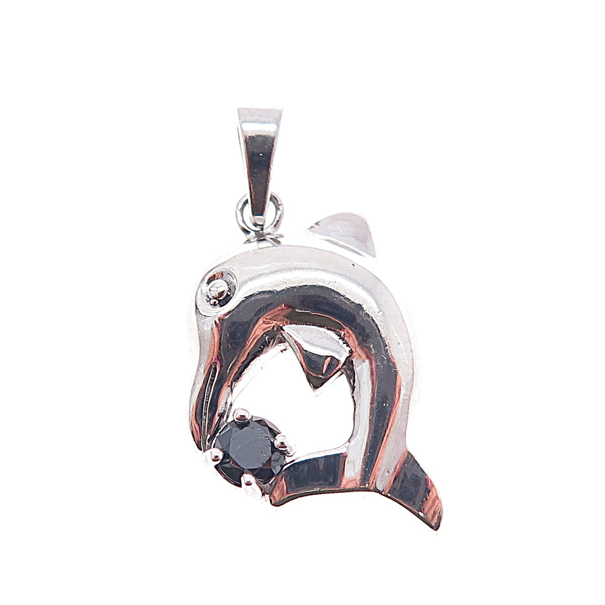 925 Sterling Silver Real Round-Cut Black Spinel Dolphin Charm Pendant