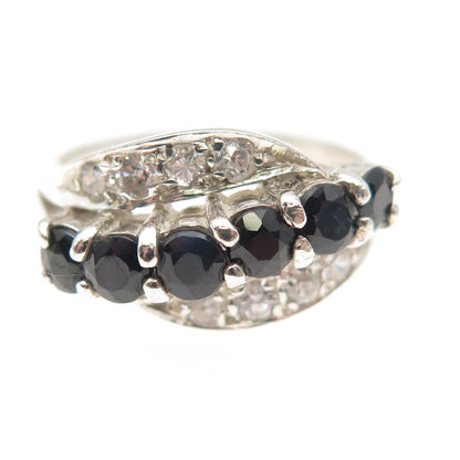 925 Sterling Silver Vintage Real Round-Cut Sapphire & C Z Ring Size 7