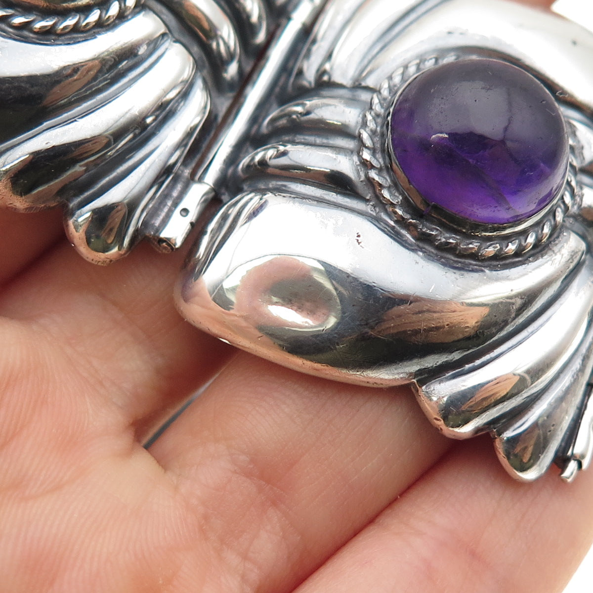 925 Sterling Silver Vintage Real Amethyst Modernist Heavy 106.3g Bracelet 7.5"