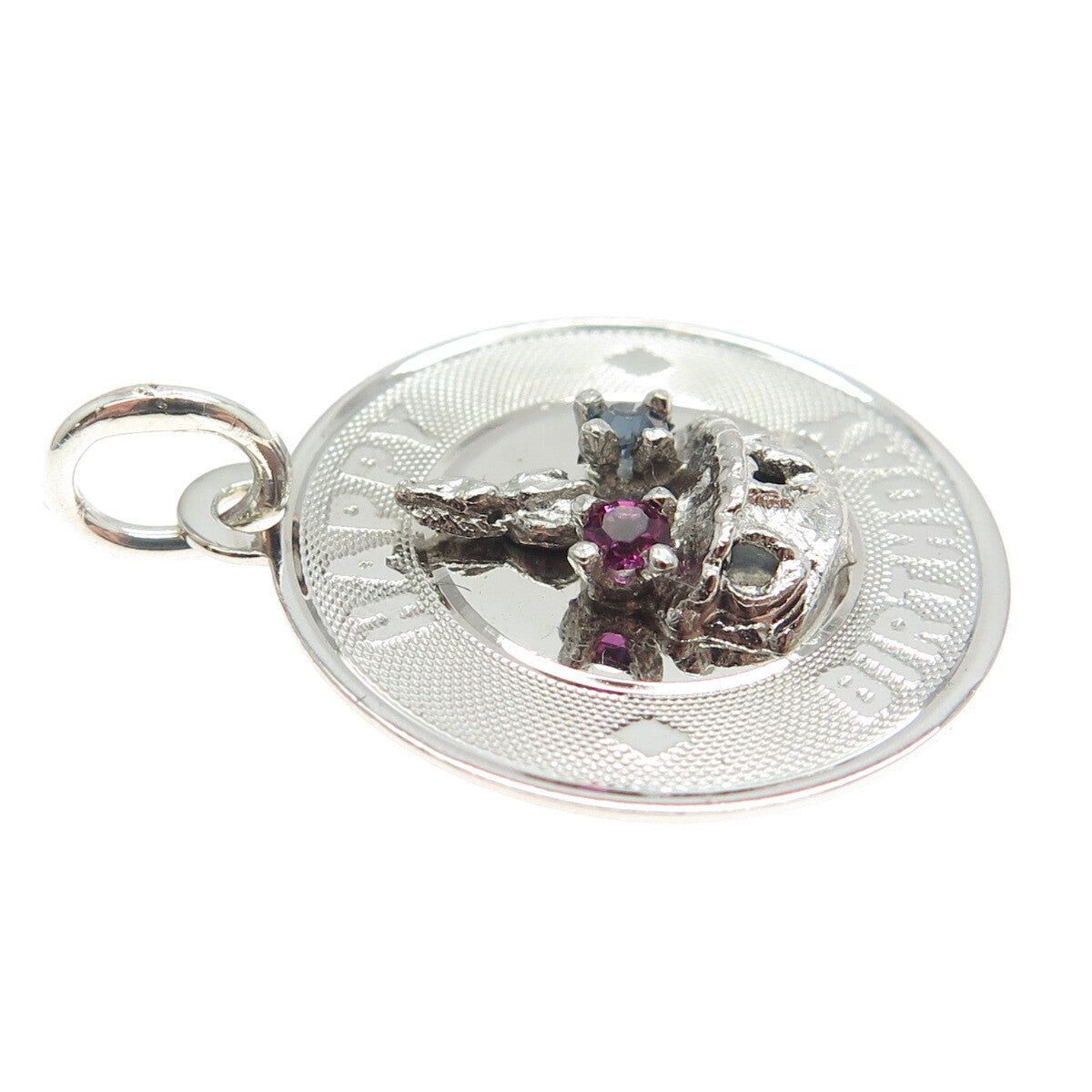 925 Sterling Silver Vintage Blue & Pink Rhinestone "Happy Birthday" Cake Pendant