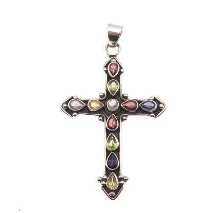 Sterling Vintage Amethyst Iolite Peridot Garnet Citrine Moonstone Cross Pendant