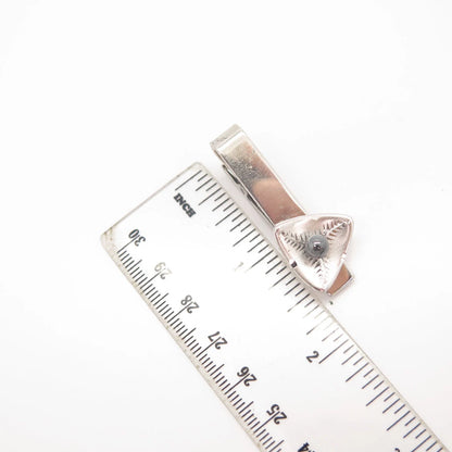 925 Sterling Silver Vintage Real Hematite Gem Etched Tie Clip