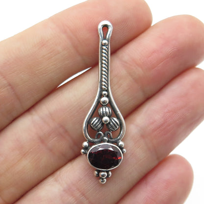 925 Sterling Silver Vintage Real Red Garnet Floral Blossom Drop Pendant