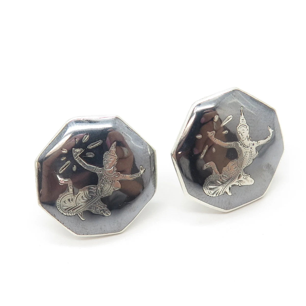 925 Sterling Silver Vintage Siam Niello Hindu Goddess Screw Back Earrings