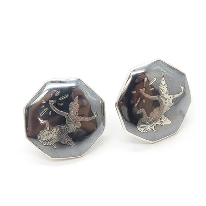 925 Sterling Silver Vintage Siam Niello Hindu Goddess Screw Back Earrings
