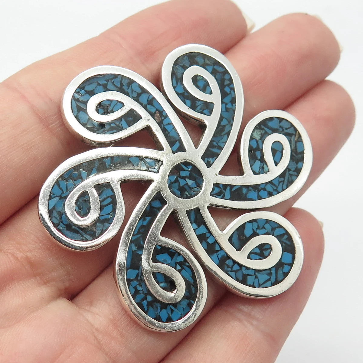 925 Sterling Silver Vintage Mexico Real Turquoise Gem Inlay Pin Brooch