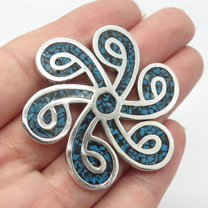 925 Sterling Silver Vintage Mexico Real Turquoise Gem Inlay Pin Brooch