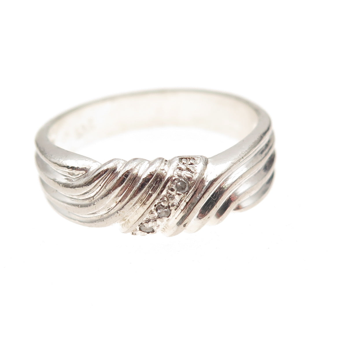 925 Sterling Silver Real Round-Cut Diamond Wavy Band Ring Size 9