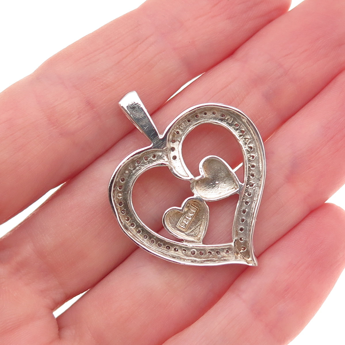 925 Sterling Silver Real Round-Cut Diamond Couple Heart Charm Pendant