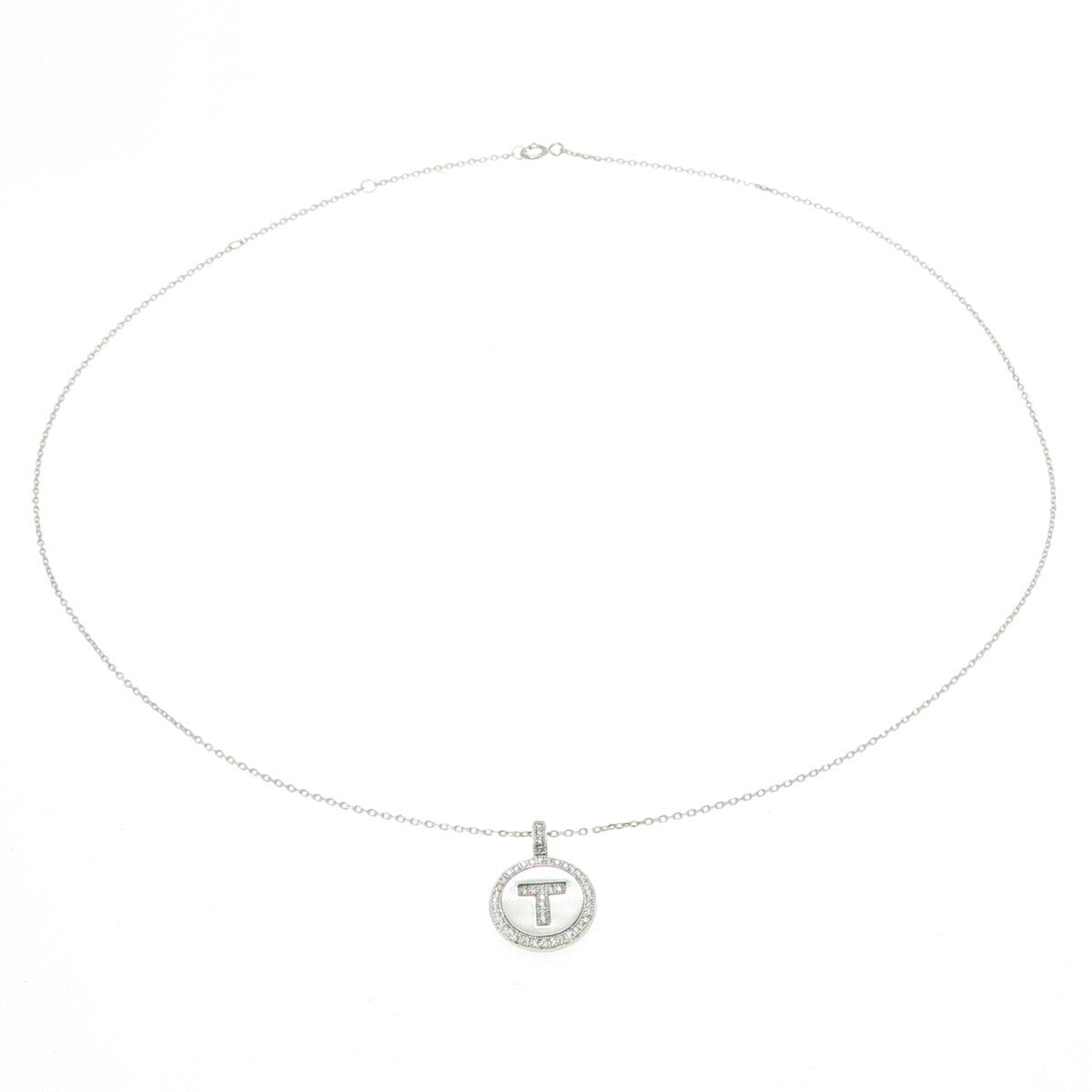 925 Sterling Silver Round-Cut C Z Letter "T" Initial Cable Chain Necklace 16-18"
