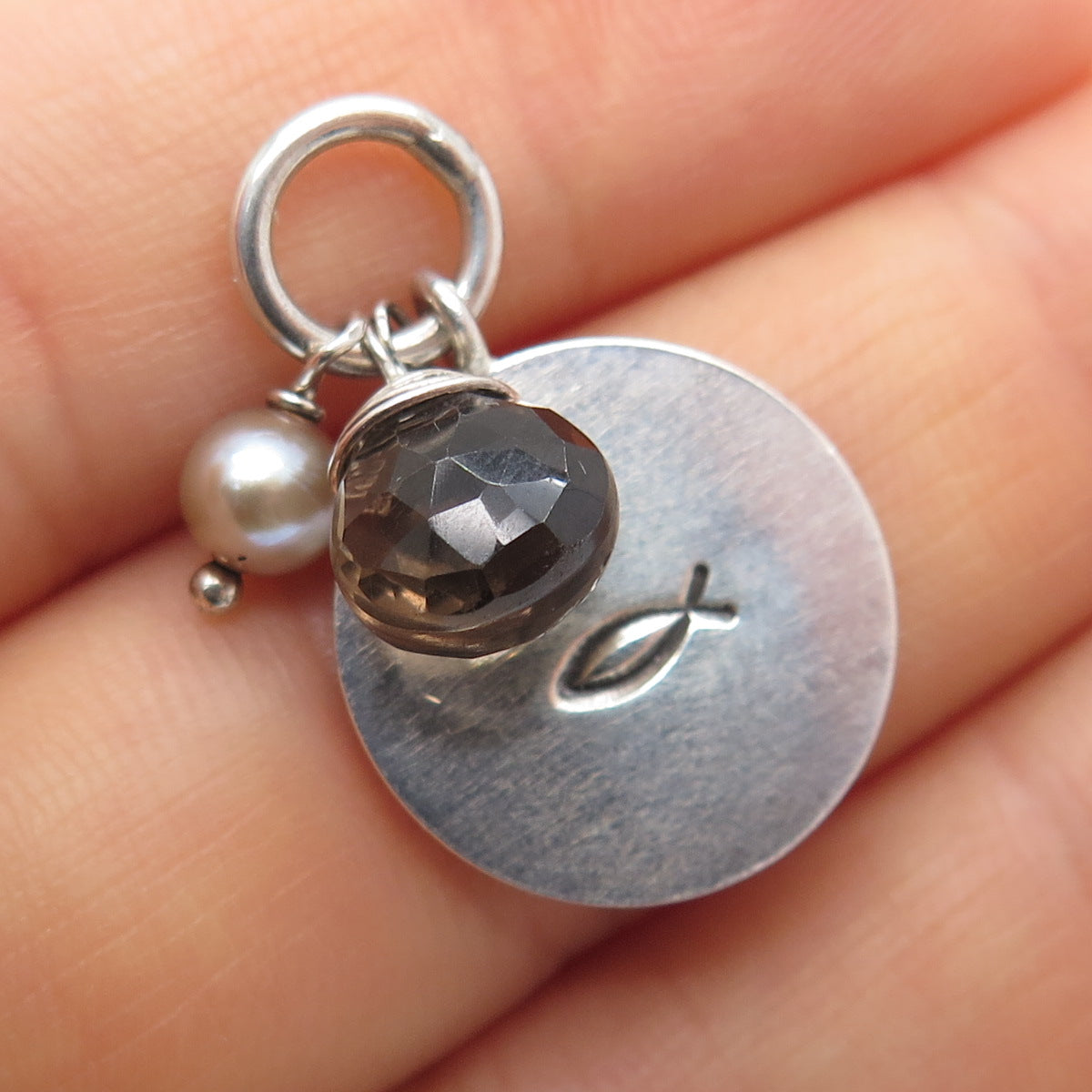 LOTUS 925 Sterling Silver Vintage Real Pearl Smoky Quartz Ichthys Charm Pendant