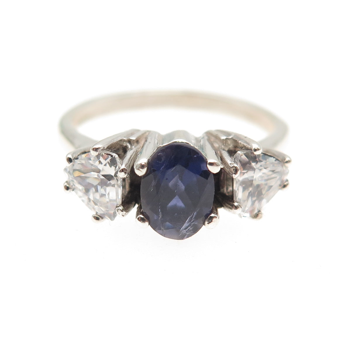 TOMMY LONG 925 Sterling Real Oval-Cut Iolite & Triangle-Cut C Z Ring Size 6.25
