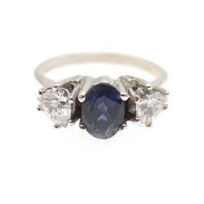 TOMMY LONG 925 Sterling Real Oval-Cut Iolite & Triangle-Cut C Z Ring Size 6.25