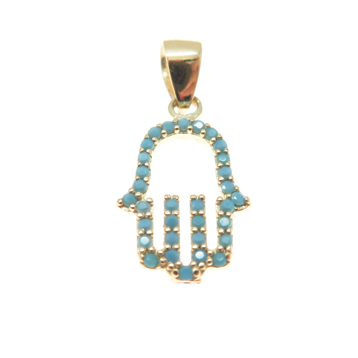 14K Yellow Gold Real Turquoise Hamsa Amulet Minimalist Charm Pendant