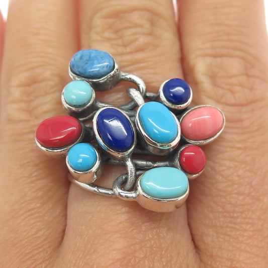 925 Sterling Silver Vintage Real Turquoise Coral & Lapis Modernist Ring Size 7