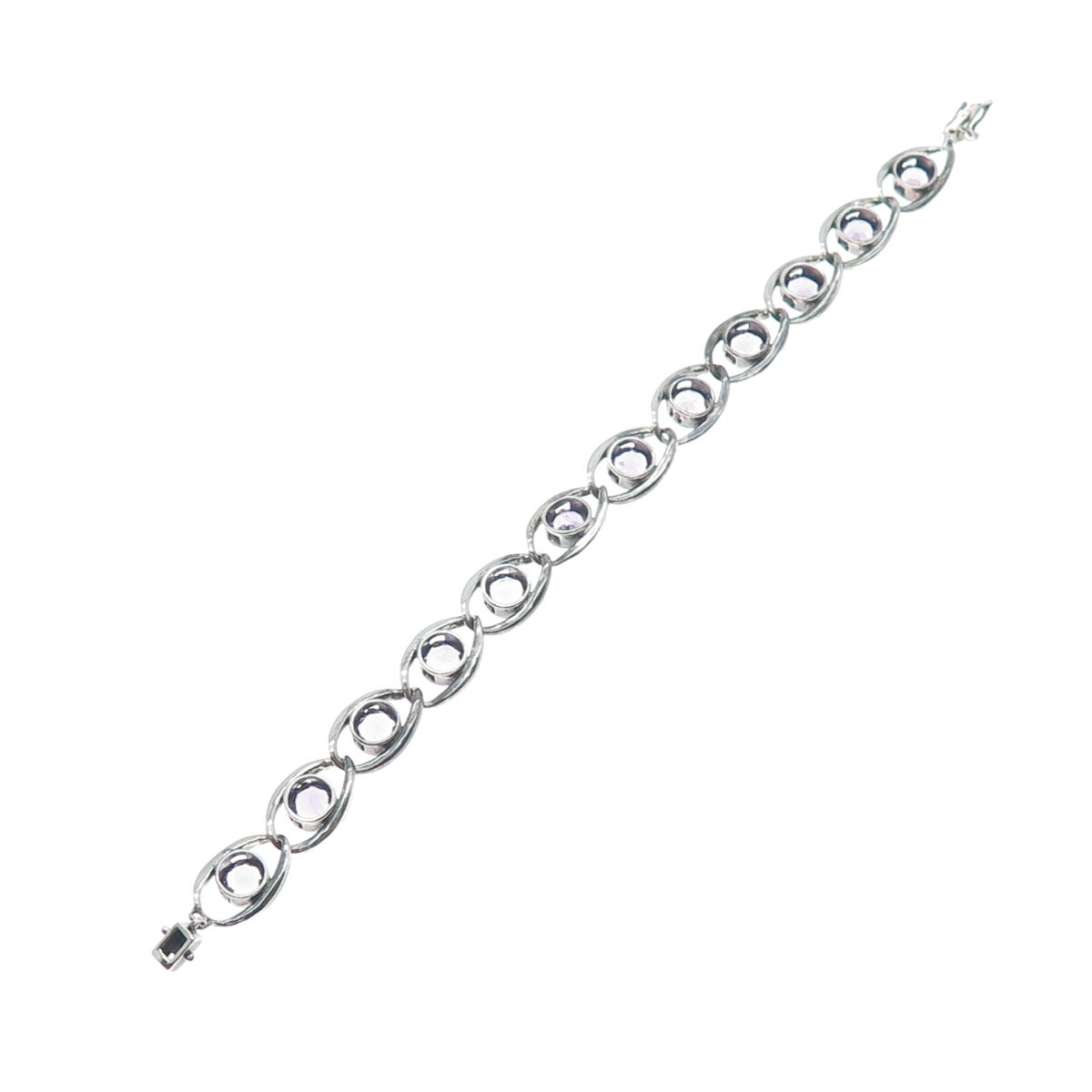 925 Sterling Silver Vintage Real Amethyst Gem Oval Link Oxidized Bracelet 7"