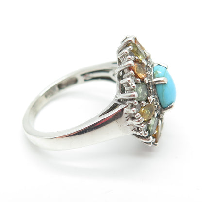 CHUCK CLEMENCY 925 Sterling Silver Real Turquoise Multi-Sapphire C Z Ring Size 8