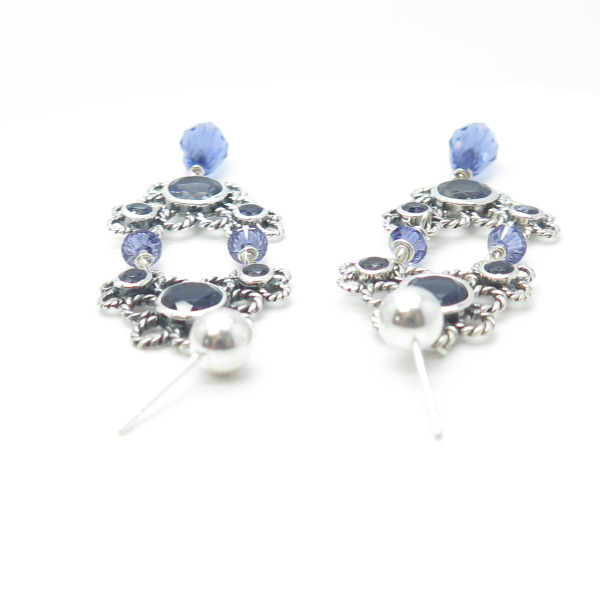 925 Sterling Silver Vintage Real Iolite & Crystal Floral Dangling Earrings