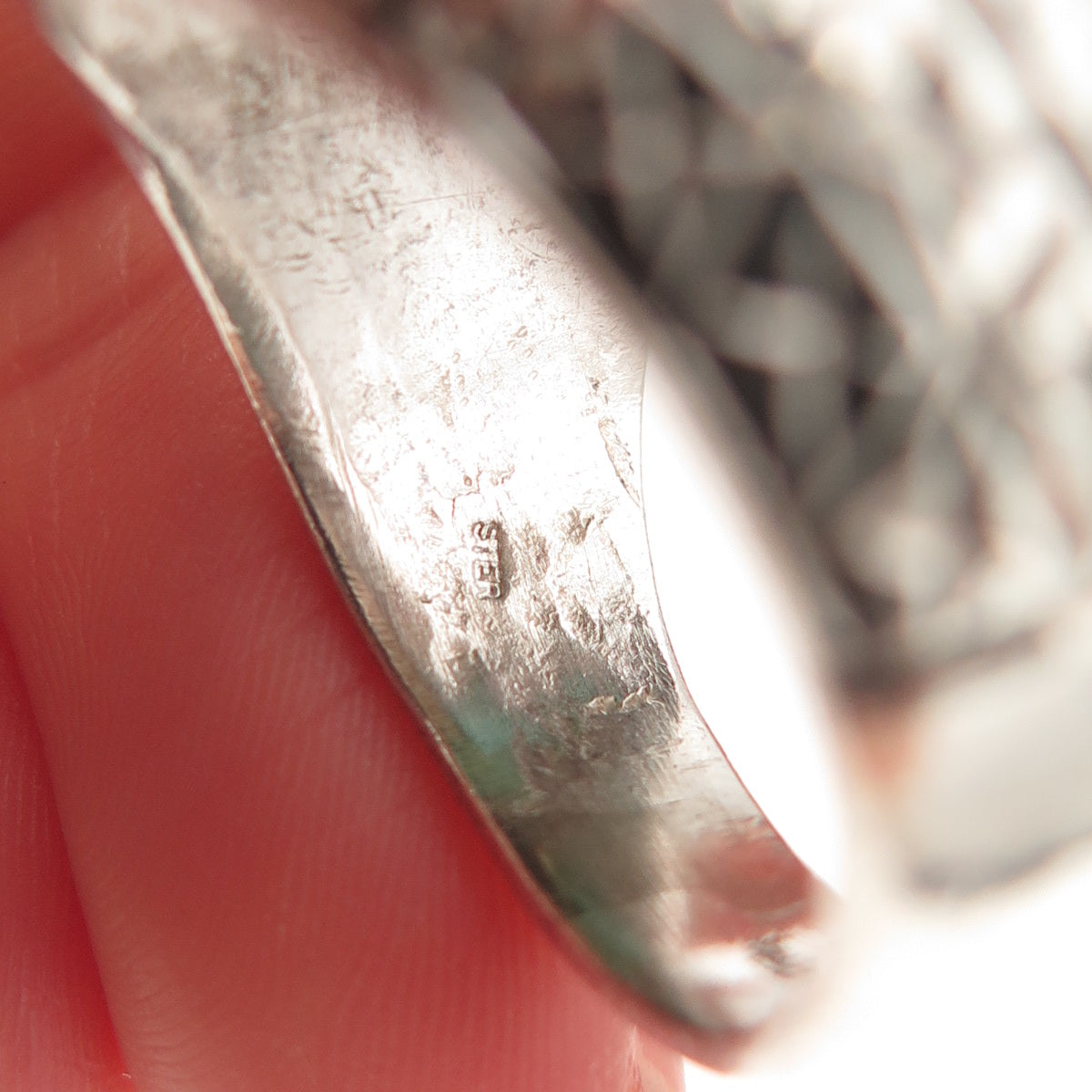 925 Sterling Silver Vintage Real Turquoise Diamond-Cut Oxidized Ring Size 9.75