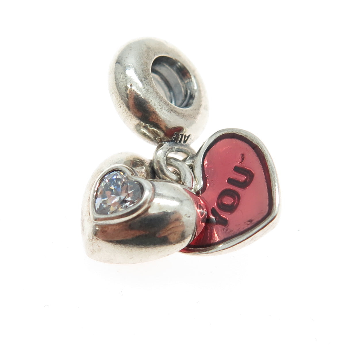 PANDORA 925 Sterling Silver C Z Enamel Me & You Dangle Heart Charm