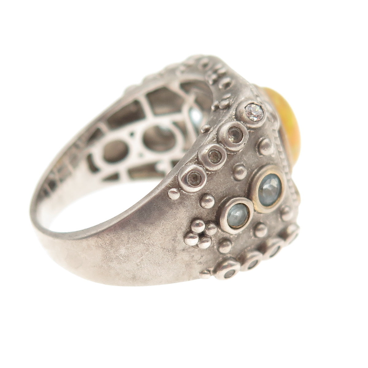 925 Sterling Silver Real Opal Blue Topaz & C Z Ring Size 9.25