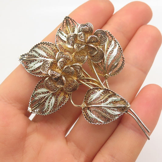 800 Silver Vintage Filigree Floral Pin Brooch