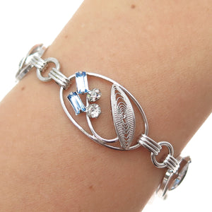 CARL ART Sterling Antique Blue & White Rhinestone Filigree Flower Bracelet 6.75"