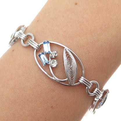 CARL ART Sterling Antique Blue & White Rhinestone Filigree Flower Bracelet 6.75"