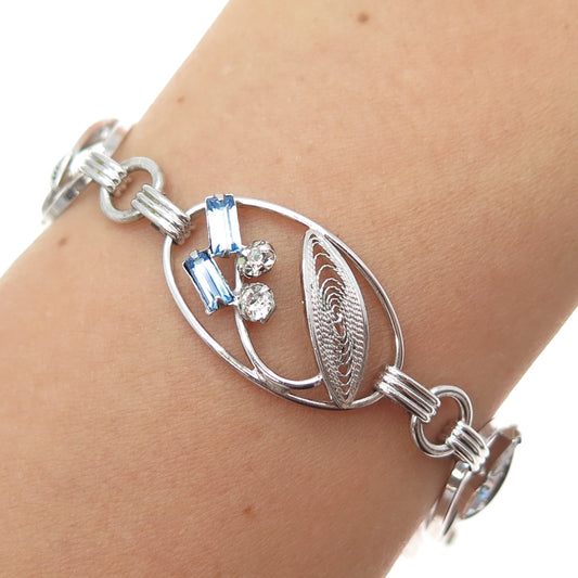 CARL ART Sterling Antique Blue & White Rhinestone Filigree Flower Bracelet 6.75"