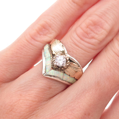 Silver Ray Navajo Old Pawn 925 Sterling 2-Tone Vintage Opal & C Z Ring Size 6