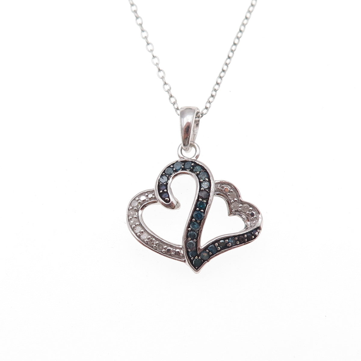 925 Sterling Silver Real Blue & White Diamond Heart Cable Chain Necklace 18"