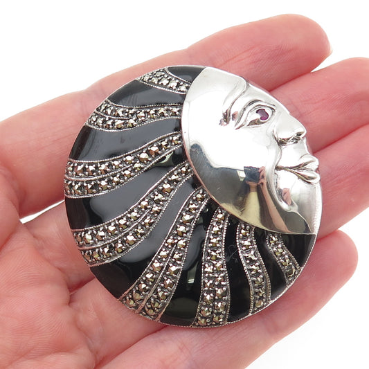 925 Sterling Silver Vintage Enamel Real Ruby & Marcasite Sun Oxidized Pin Brooch