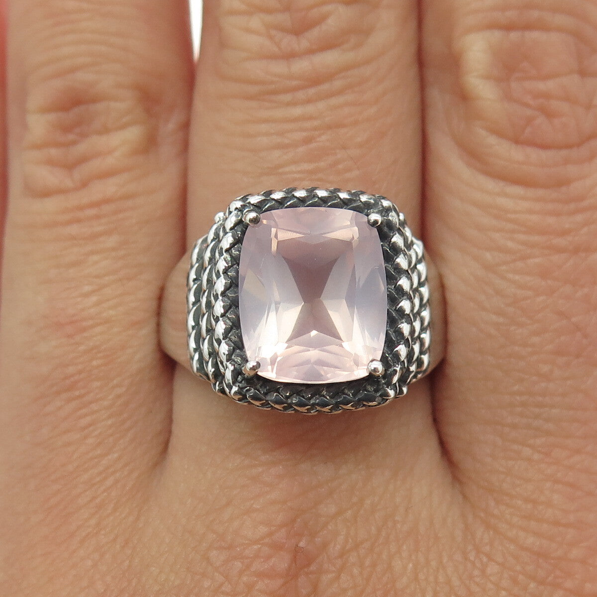 MICHELLE ALBALA 925 Sterling Silver Vintage Rose Quartz Wicker Ring Size 10