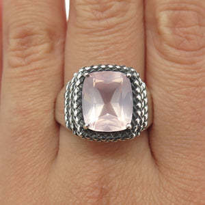 MICHELLE ALBALA 925 Sterling Silver Vintage Rose Quartz Wicker Ring Size 10