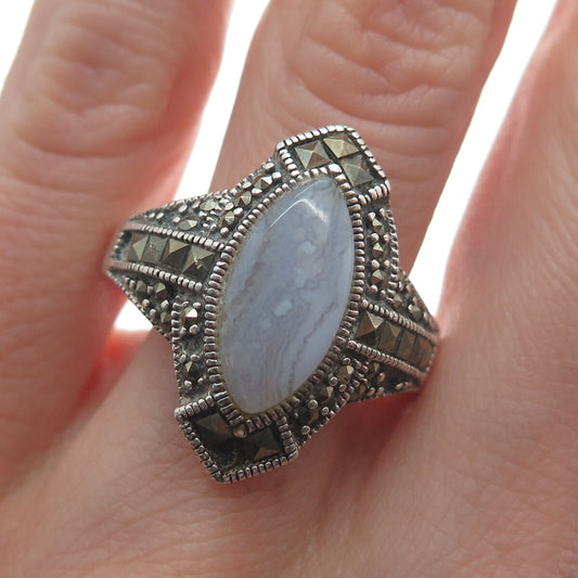 925 Sterling Silver Vintage Agate & Marcasite Ring Size 10.25 (missing 4 stones)