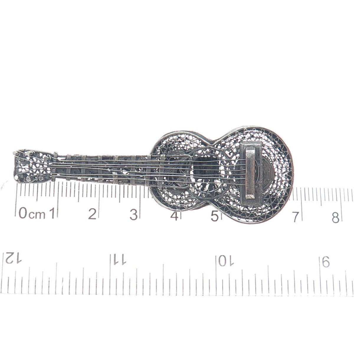925 Sterling Silver Vintage Mexico Guitar Filigree Oxidized Pin Brooch