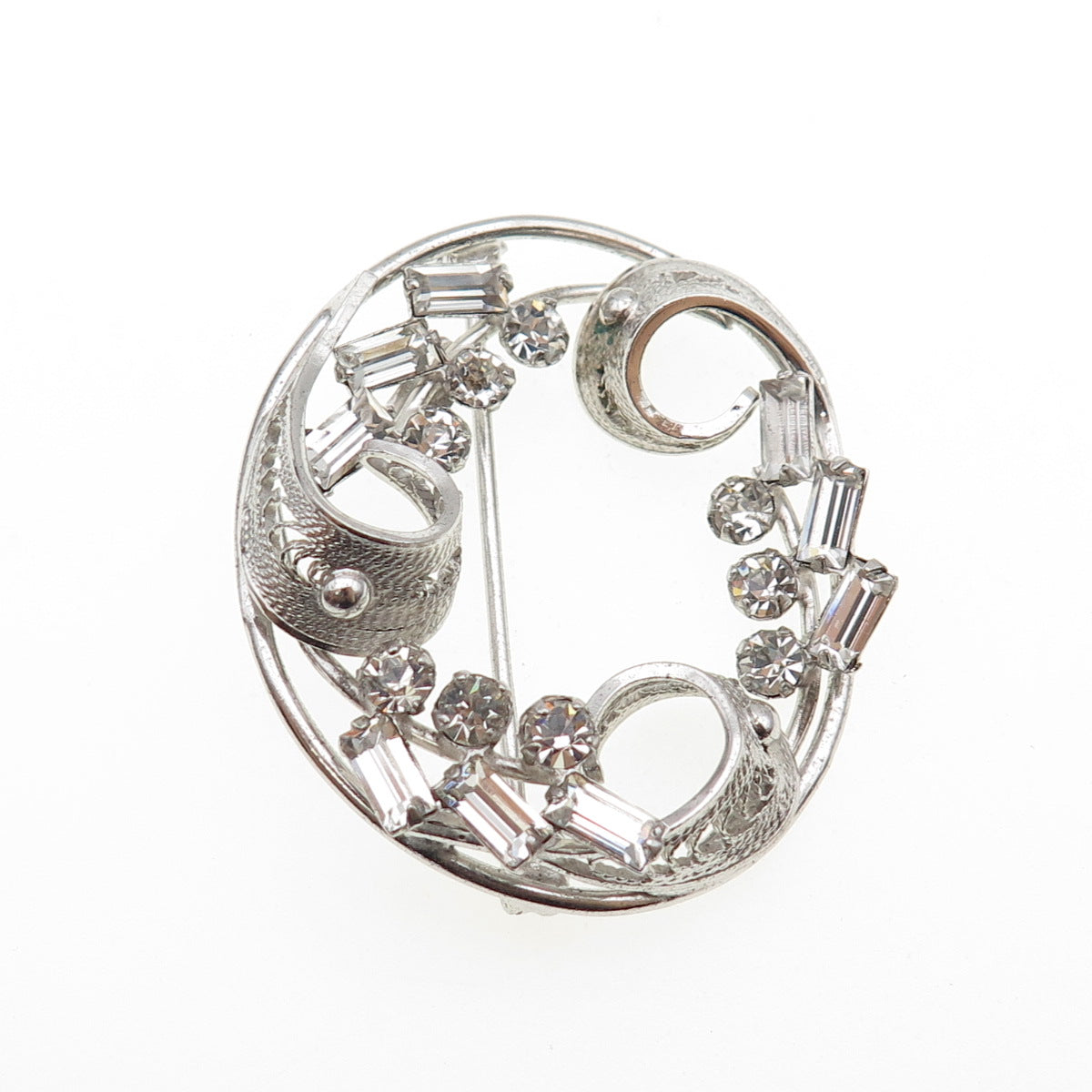 CARL ART Sterling Silver Antique Art Deco Rhinestone Floral Filigree Pin Brooch
